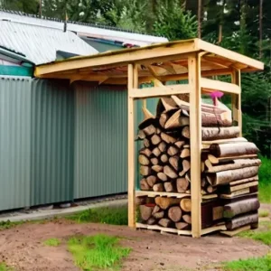 Эргономичное хранение древесины на даче: штабель на поддонах с защитой от дождя и правильной циркуляцией воздуха